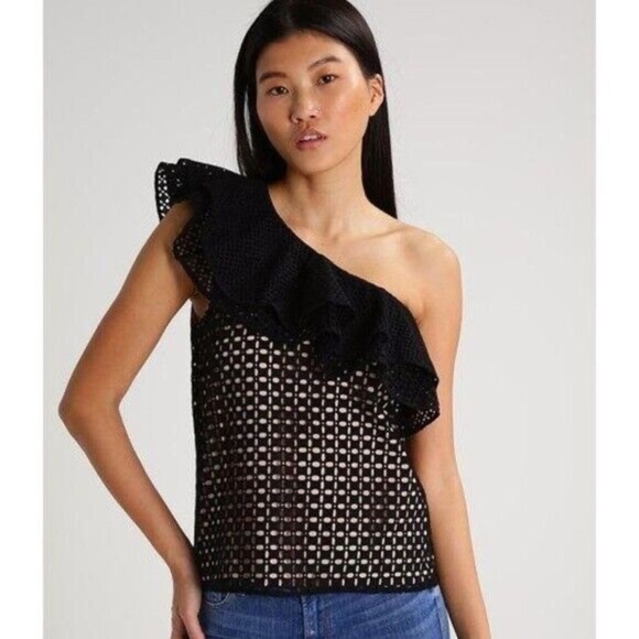 J. Crew Black Cotton Eyelet Lace Ruffled One-Shoulder Top Blouse Size 12 Large L - Picture 1 of 7